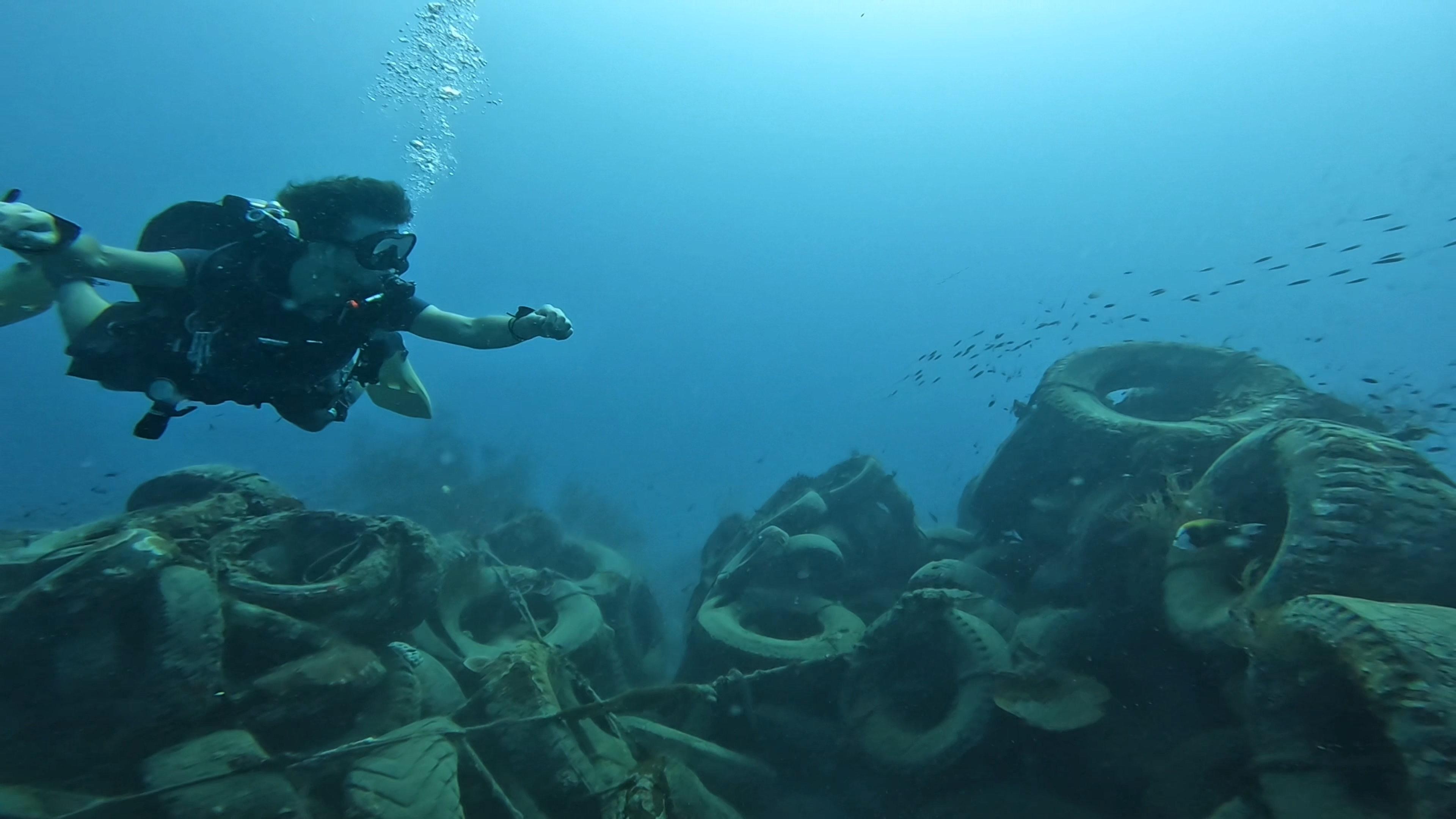 Diver exploring tire reef with fish schools